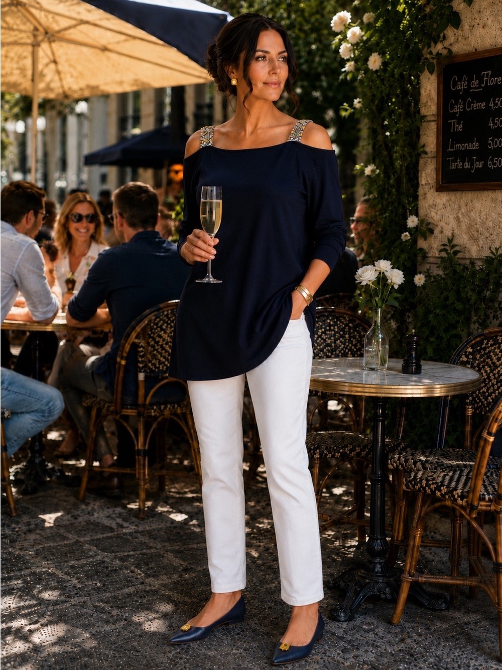 NWT Silk and Cotton Navy Blue Embellished Cold Shoulder Sweater